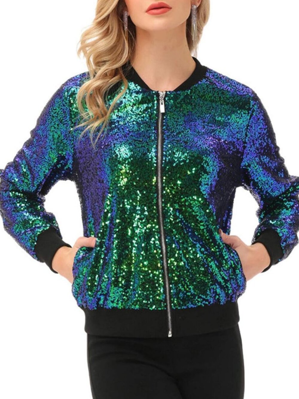 Sparkly Sequin Bomber Jacket with Pockets | Casual Long Sleeve Zip Blazer S-2XL